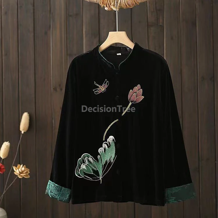 

2025 velvet embroideried retro chinese tang suit top autumn winter versatile warm top retro literature art women's daily blouse