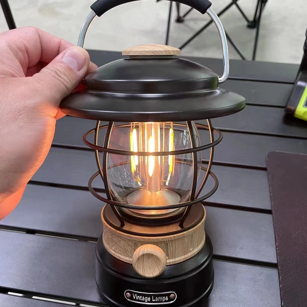 

Hanging Hand Type-C Rechargeable Power Bank Dimmable Stepless Vintage Camping Light for Table Pathway Deck Yard Camping