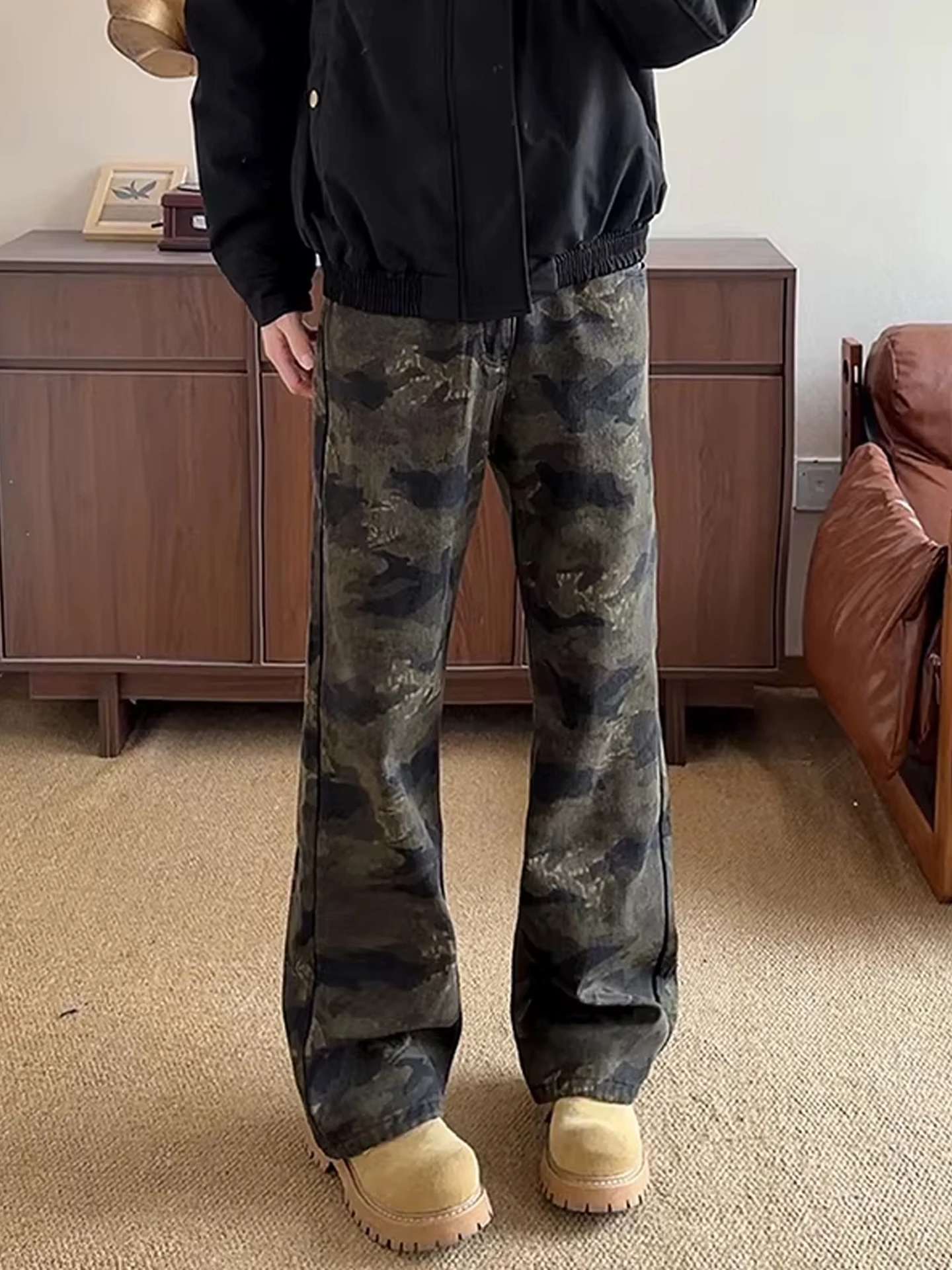 

American Sle Camouflage Fce Lined Slim Fit Straight Leg Jeans Men's Autumn Winter Casual Pants mid Waist Zipper Closure