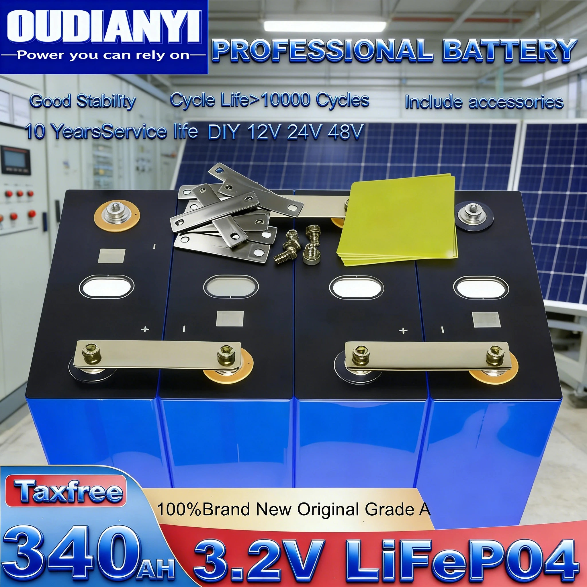 

Tax-Free A-Grade 3.2V 340Ah Lifepo4 - 10000 Cycles, DIY 12V 24V 48V Rechargeable Pack for RV EV Ship Golf Solar Camping New