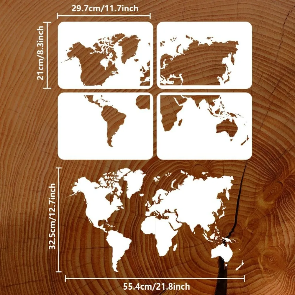 4 Pcs Big World Map Painting Stencil 8.3x11.7 inch Reusable World Map Combination Pattern Drawing Template Continental Plate