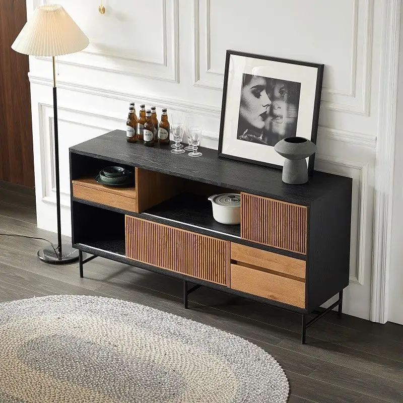 레트로 컬러 매칭 티크 원목 다이닝 사이드 캐비닛, 거실 중세 와비사비 스타일 가정용 차 그릇 캐비닛