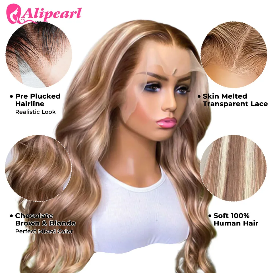 AliPearl Hair Hellbraunes Haar mit blonden Highlights Perücke # P4/613 Gerade und gewellte Echthaar-Spitzenperücken
