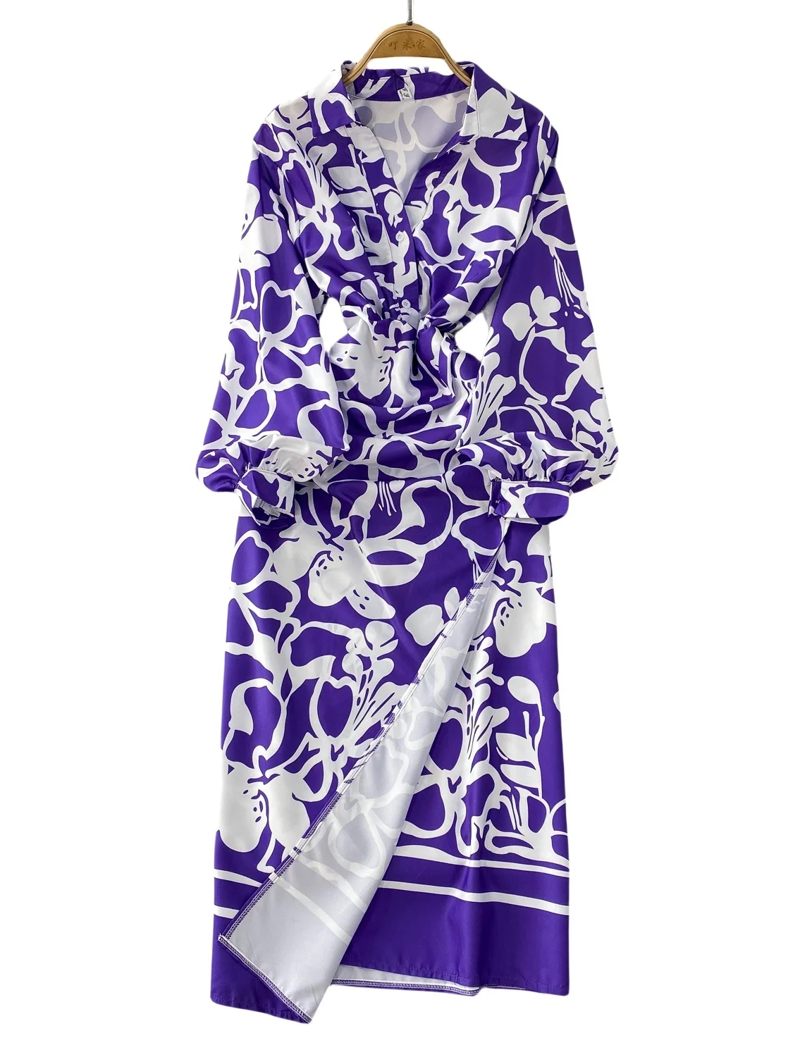 Sukienka damska letnia, wyszczuplająca, z wysokim stanem, w kształcie litery A, midi, z rozcięciem, z kwiatowym wzorem, dekolt w serek, długi rękaw, styl koreański.