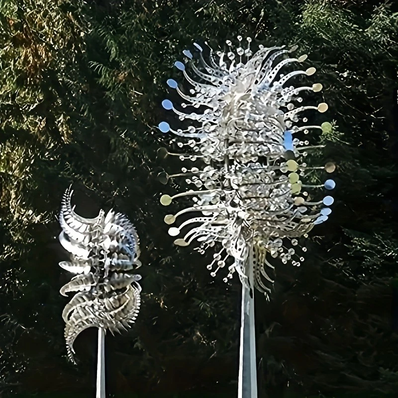 1/2Sets Solar Iron Wind Sculpture 3D Kinetic Windmill Outdoor Garden Art Metal Leaf Garden Ornaments
