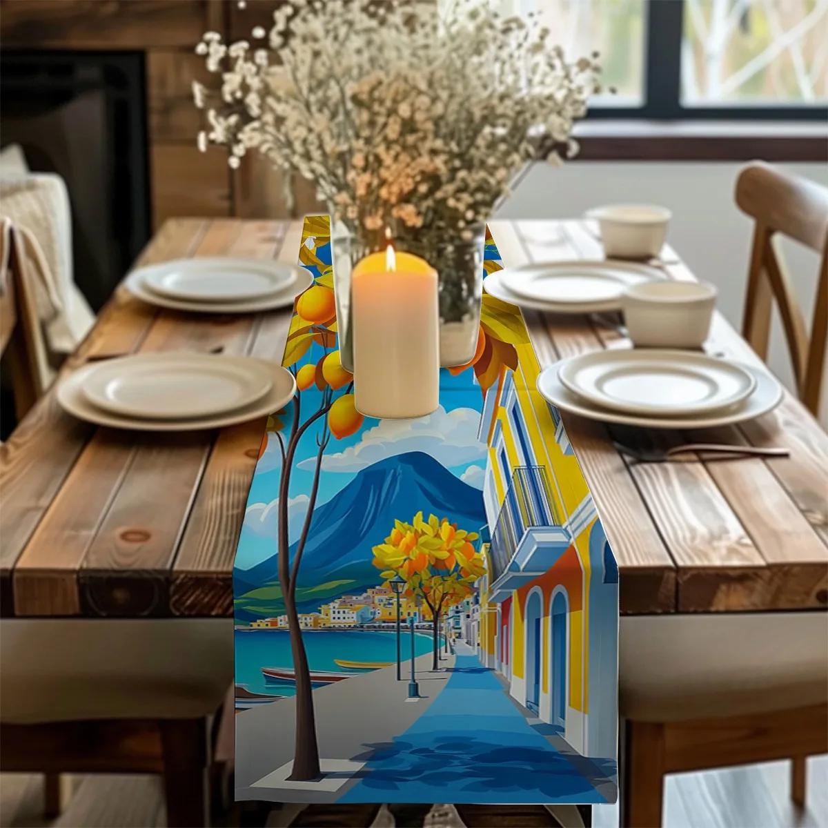 print table runner Mediterranean Orange Grove Coastal Style Tablecloth for Seasonal Celebrations Both Indoor And Outdoor Dining