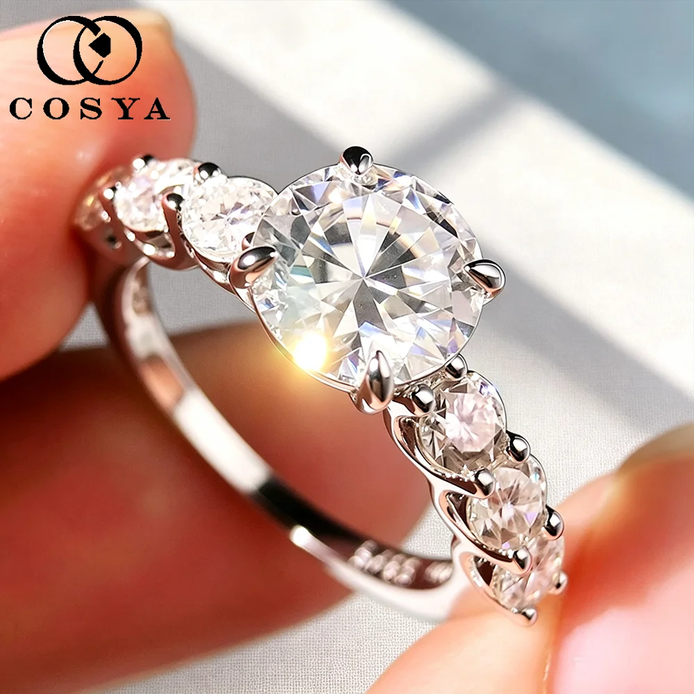 COSYA 3.2cttw Full Moissanite Ring for Women Pure S925 Silver D Color Round 7 Gem Lab Diamond Wedding Band Fine Jewelry Gift