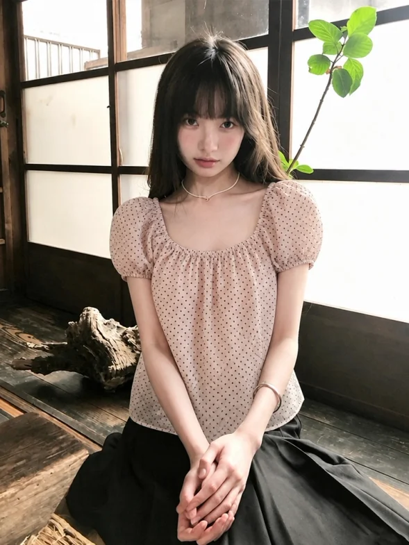 

plus Size Square Collar Polka Dot Bubble Sleeve Short Sleeve Shirt Women Summer Tummy Covering Gentle Top French Style Loose Fit