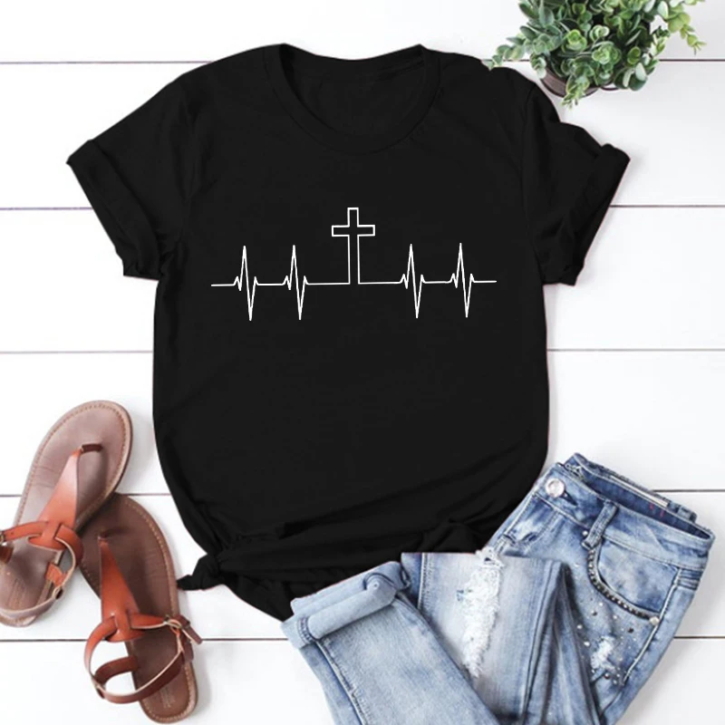 Vertical Cross Shirt Heartbeat Cross Shirts Religious Tshirt Christian Graphic Tees Shirt for Prayer Christian Tops Jesus L