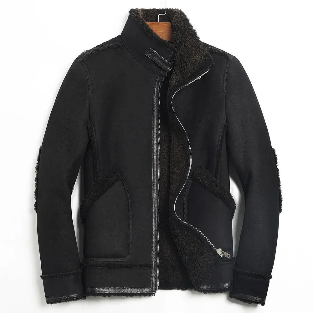 YOLANFAIRY 冬のジャケット男性リアルファーコート男性天然子羊の毛皮のジャケット本革シープスキンコート男ショートラペル服