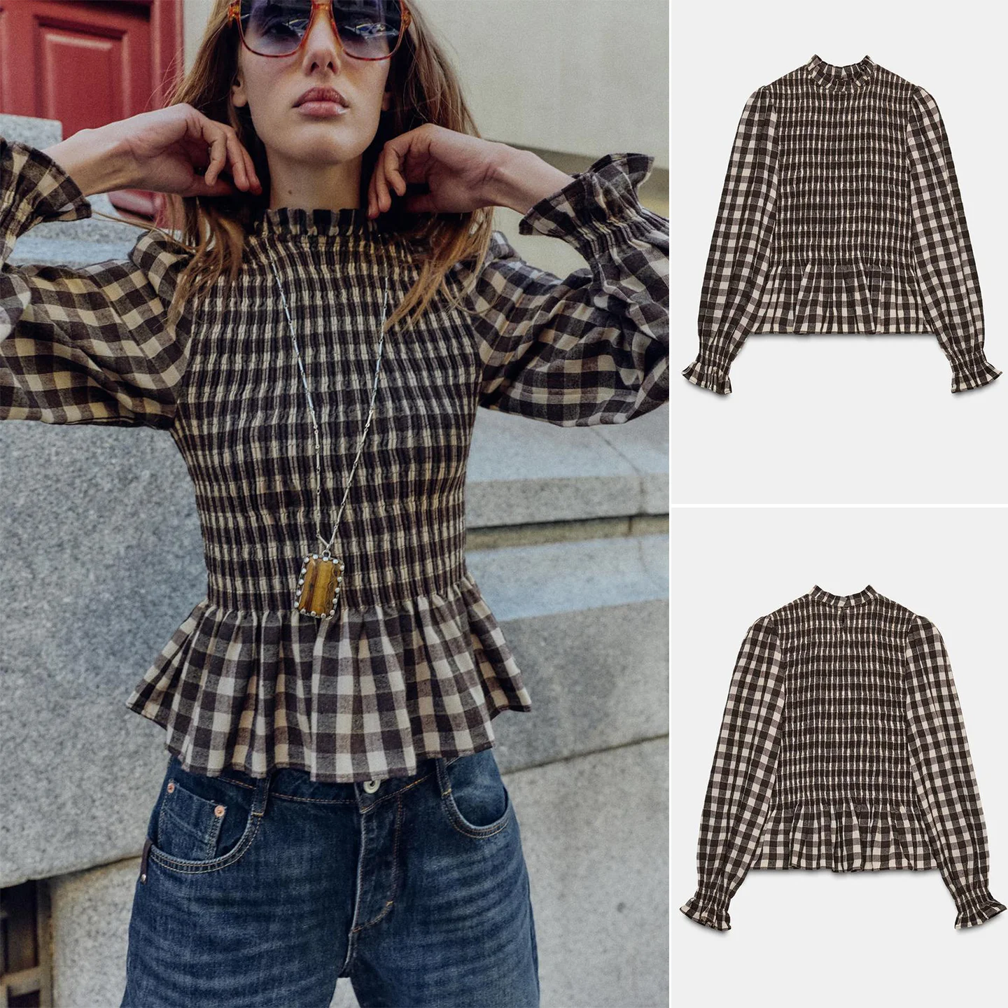 Winter New Women's Casual High Collar Long Sve Layered Decorative Honeycomb Plaid irt Top Skin-friendly Breathable Polye...