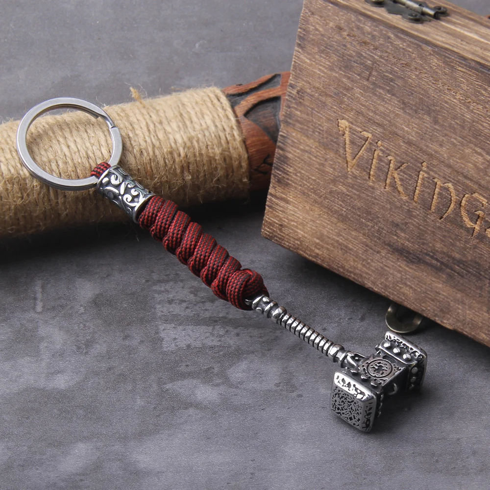 Vikings Thors Hammer Survival Rope Keychain Men's Stainless Steel Anchor Knife Pendant Paracord Keyring Handmade Norse Jewelry