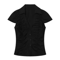 Summer Y2K Vintage Polka Dot Short Sleeve Blouse For Women V Neck Collared Ruched Bodycon Slim Fit Casual Daily Streetwear Shirt 4