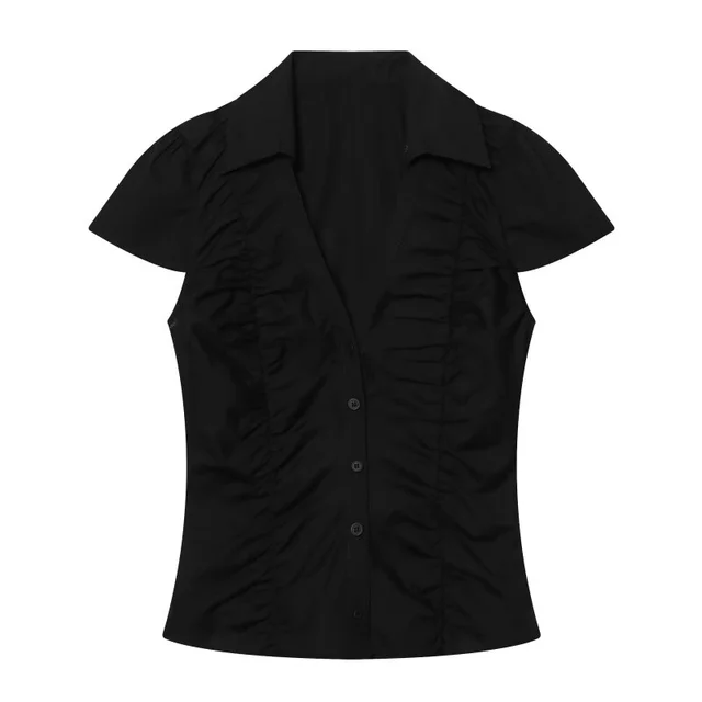 Summer Y2K Vintage Polka Dot Short Sleeve Blouse For Women V Neck Collared Ruched Bodycon Slim Fit Casual Daily Streetwear Shirt 4 Summer Y2K Vintage Polka Dot Short Sleeve Blouse For Women V Neck Collared Ruched Bodycon – view 4
