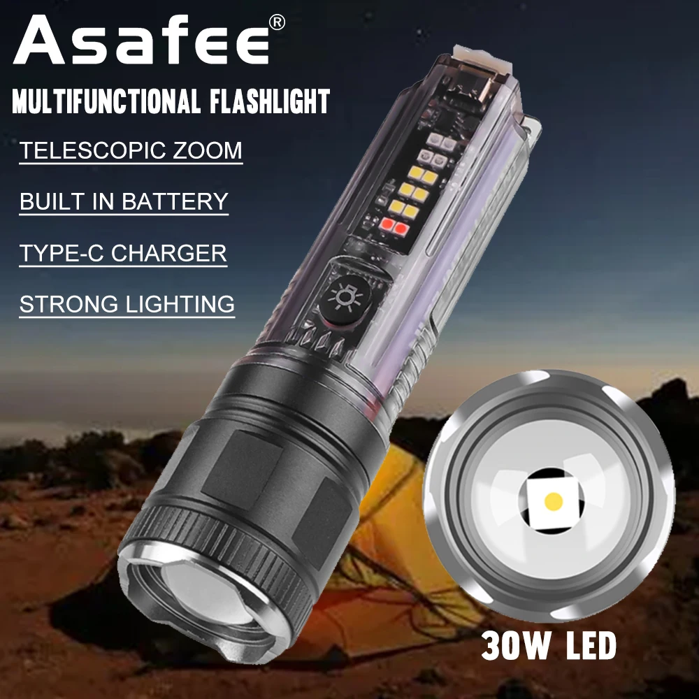 Asafee Mini Flashlight XHP50/30W LED 1000LM 1200M Range UV Light Built-in Battery Solar Rechargeable Torch Telescopic Zoom Lamp