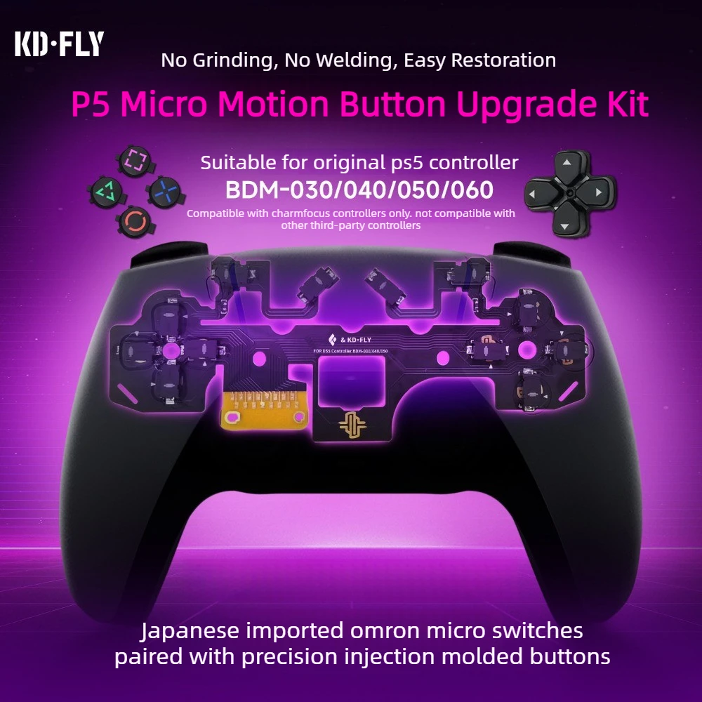 charmfocus-ps5コントローラー用diy改造キット-bdm-030-040-050-060-オムロン製マイクロスイッチボタン、ショルダーボタン、フェイスボタン、dパッドボタンの交換用