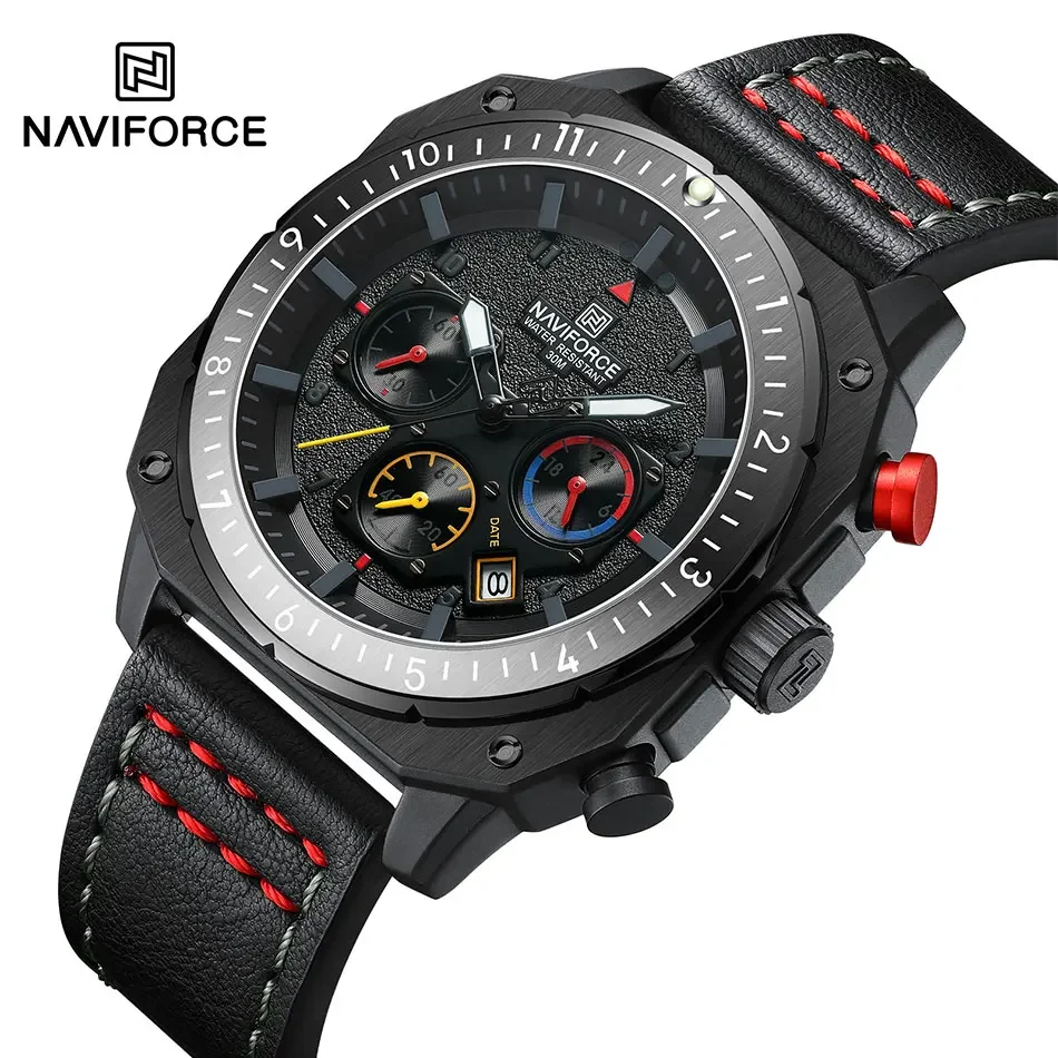 Naviforce-メンズクォーツ時計、合金ダイヤル、ビジネス、PUレザーストラップ、ビッグダイヤル、スポーツウォッチ、クールブルー腕時計、nf8057