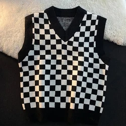 Women Knitted Pullover Preppy Style Knitwear Tank Top Spring Autumn V-Neck Waistcoat Women Knit Sweater Vest Streetwear