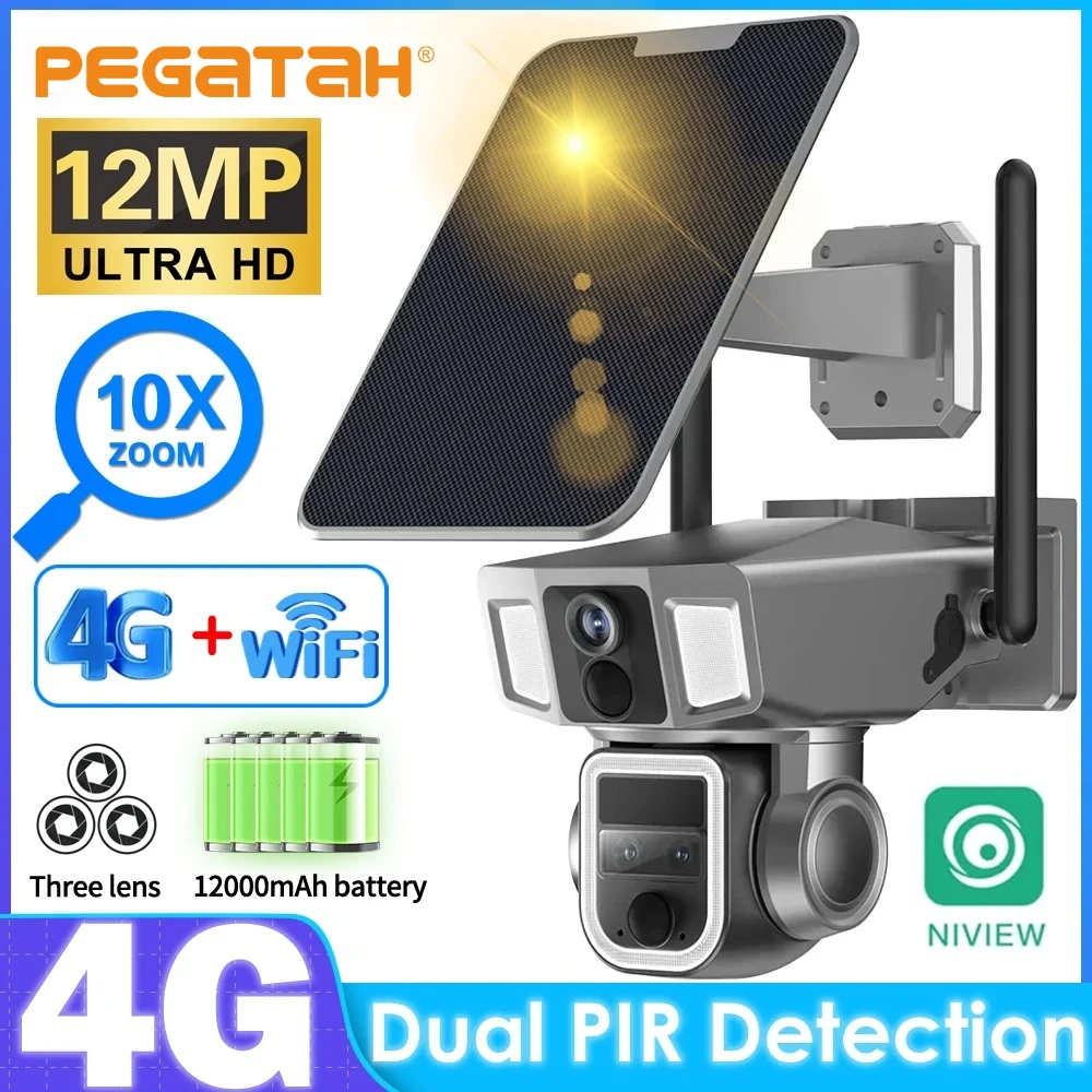 12MP 4G Solar Secutrity Camera 4K WiFi Outdoor Camera Dual Screen Three Lens 10x Zoom Dual PIR Detection Auto Tracking CCTV Cam