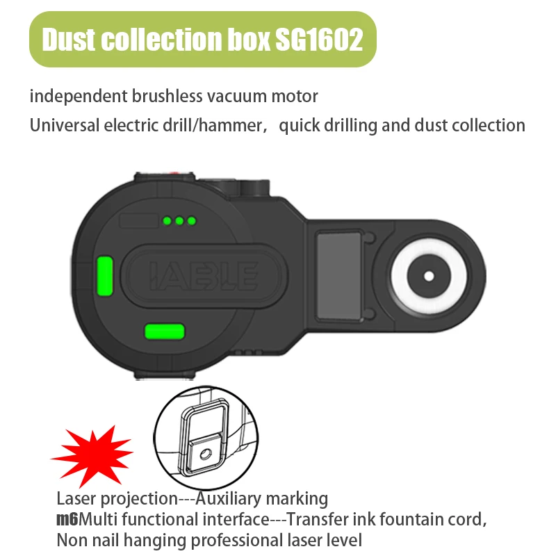 Vacuum Dust Box SG1602 with Laser Projection Assisted Marking M6 Adapter Plate USB Type C Univeral Drilling Vacuuming for Worx