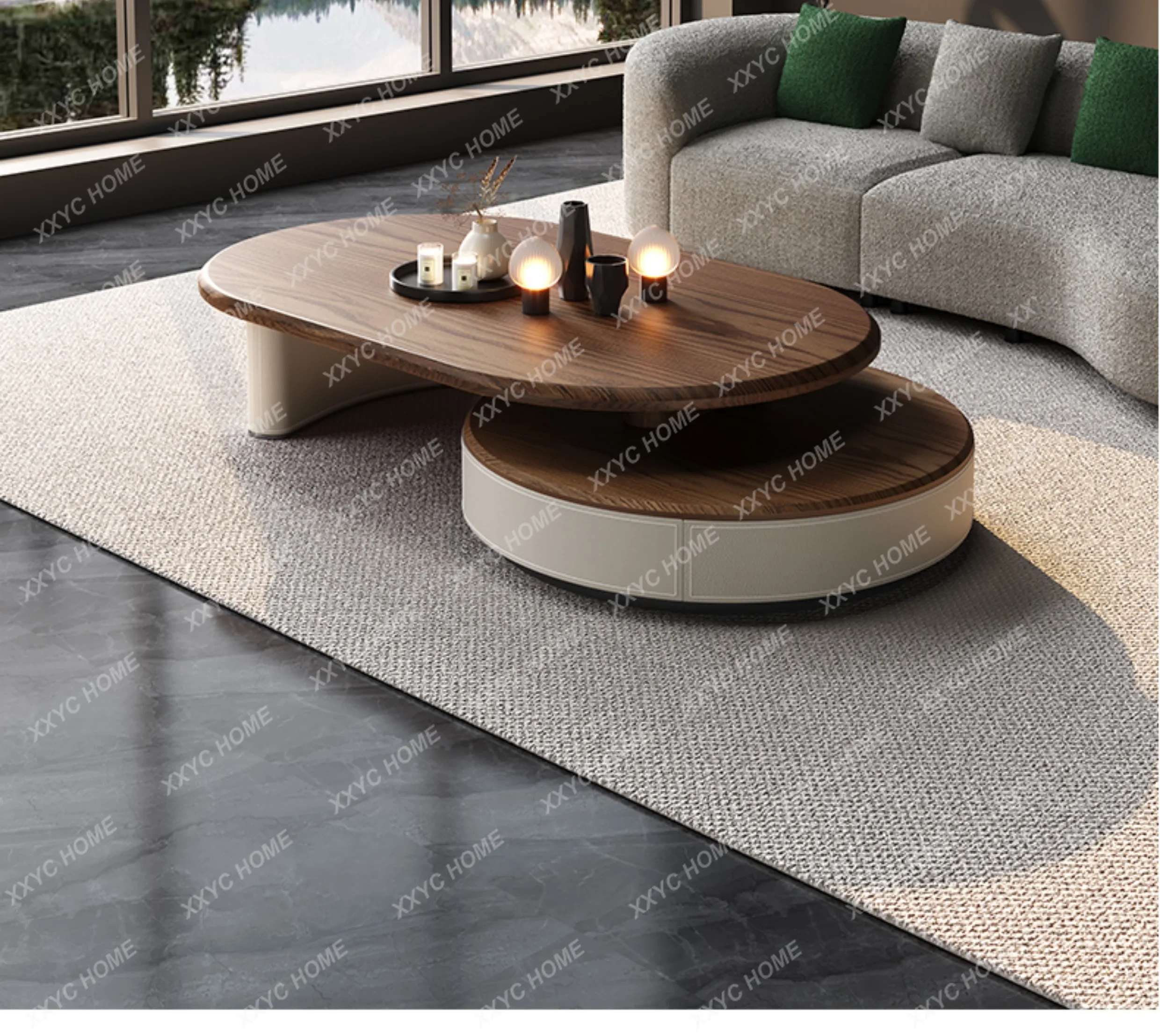 Y Retro style walnut pattern retractable round coffee table solid wood home living room high-end saddle leather, coffee table