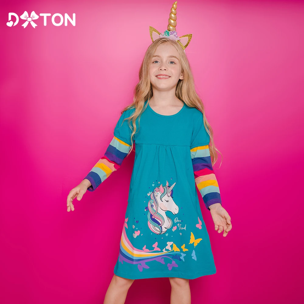 DXTON Toddler Girls Dress Rainbow Long Sleeve Kids Dress Unicorn Children Casual Clothing Butterfly Print Girls Winter Costumes