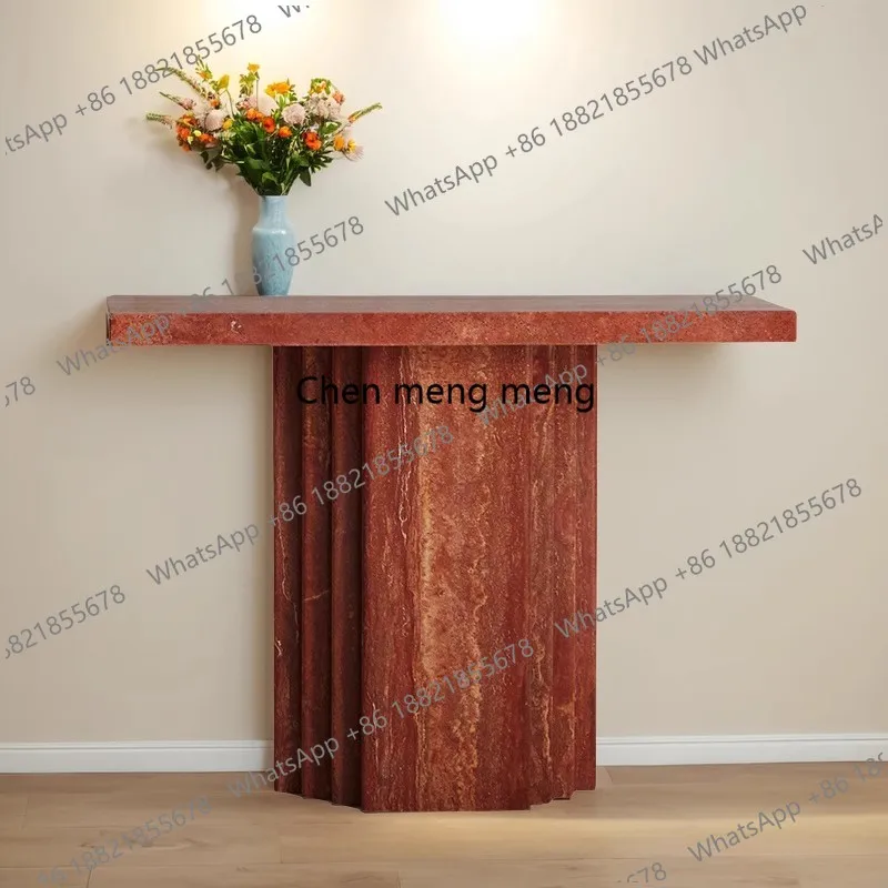 

Приставной столик из натурального травертина, пристенный шкаф-тумба, длинный узкий стол, коридор в стиле ретро-ваби-саби, проход.