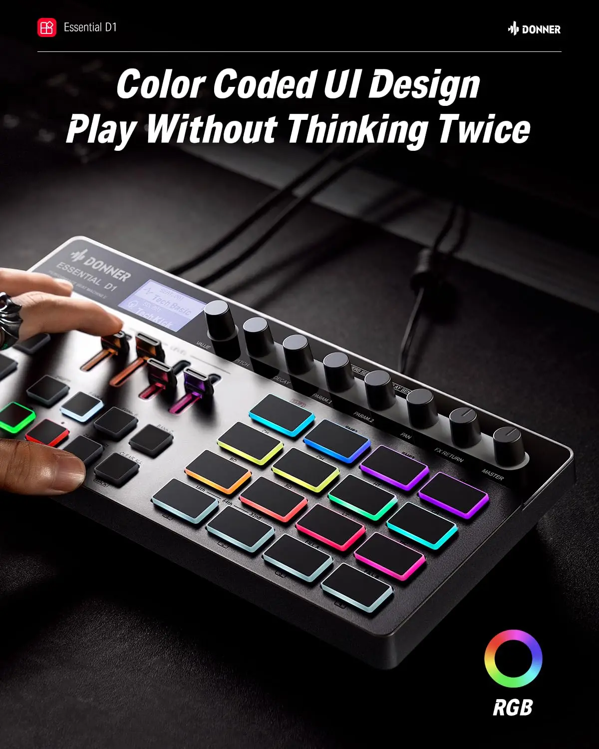 آلة فوز الأداء D1 الأساسية من Donner - 16 وسادة RGB ومسلسل الخطوات وطبول الأصابع مع شاشة LCD #4