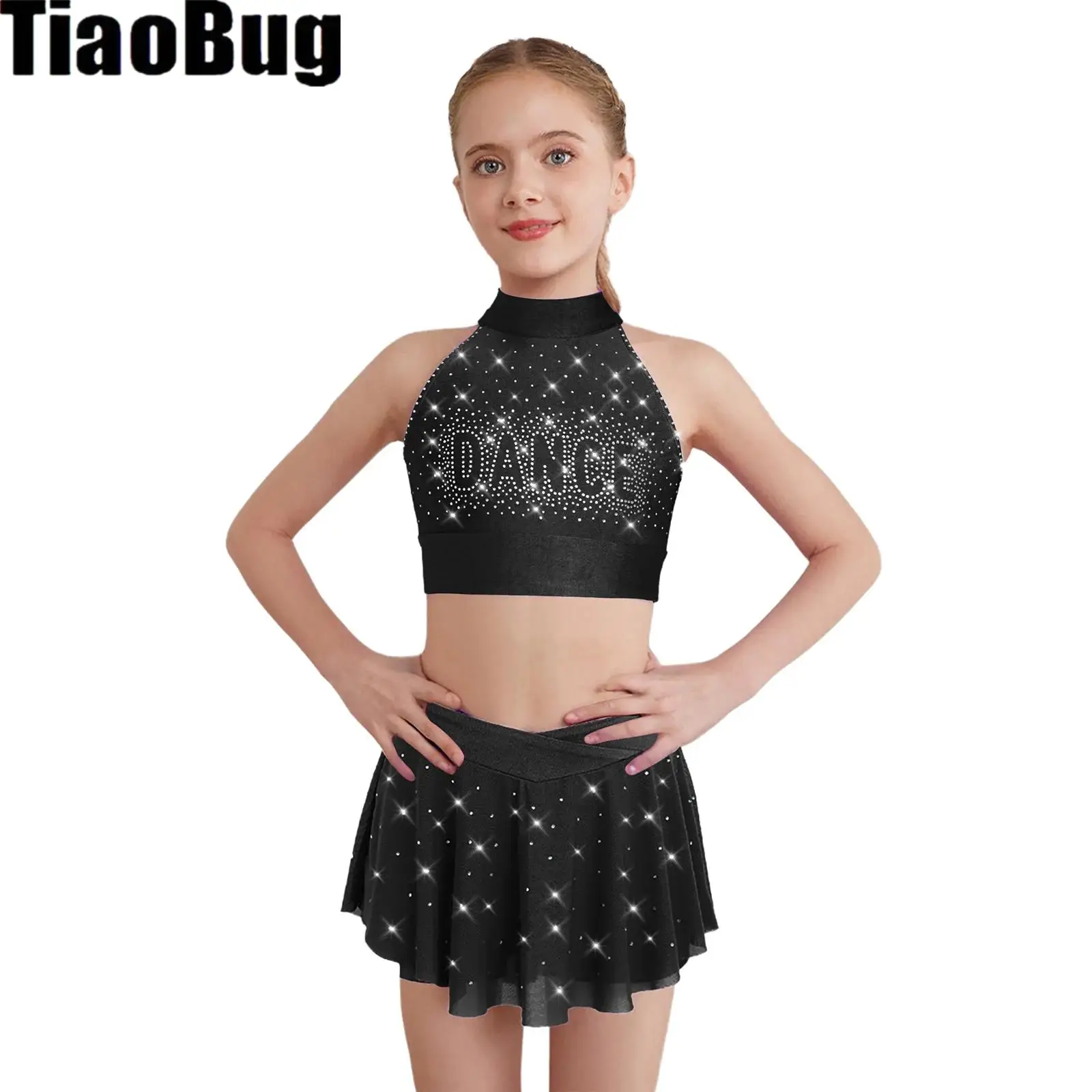 

Kids Girls Dance Outfits Halter Backless Glittery Rhinestones Crop Top with V-Front Elastic Waistband Sheer Mesh Skirt