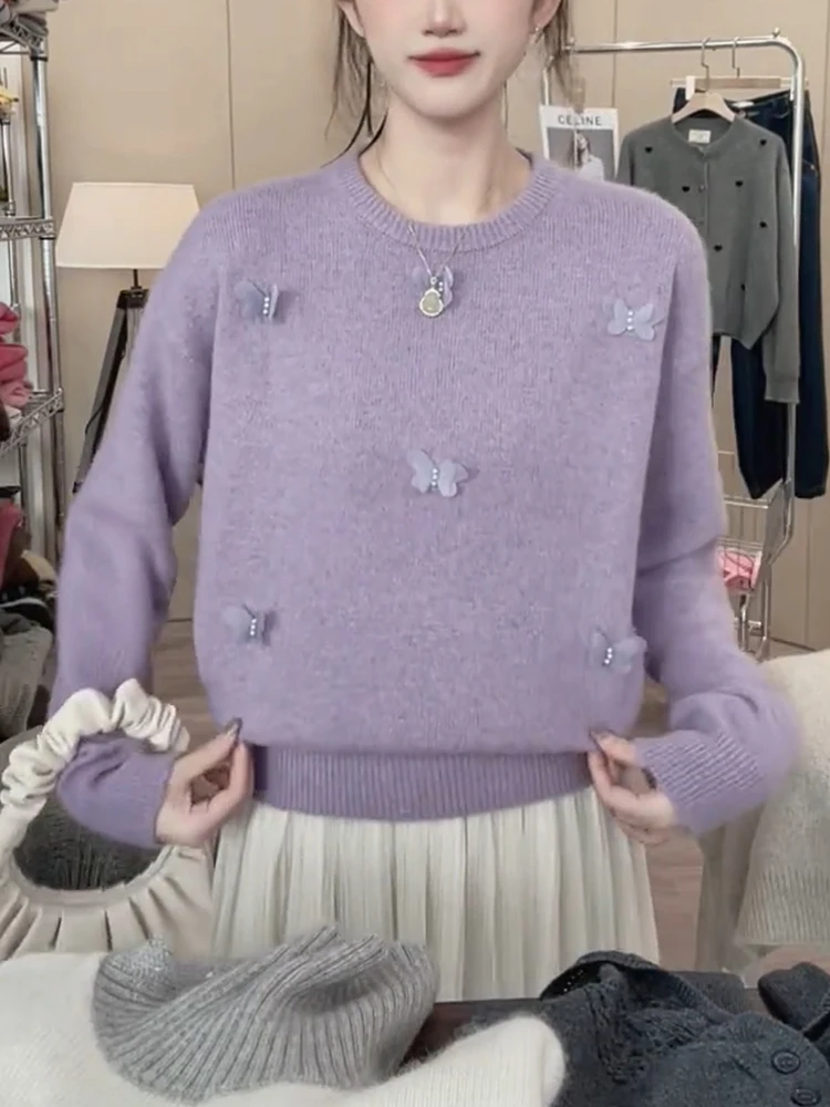 

Ele Lady Knitwear Heavy Work Spring Sle Soft Butterflies Design Comfortable Sweater Korean Version Long Sve Camere