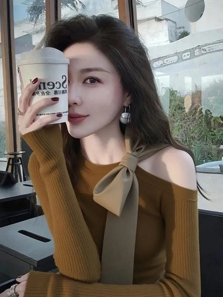 

Стильный вязаный свитер с открытыми плечами и узлом, женский облегающий базовый топ, модный корейский стиль для повседневной носки