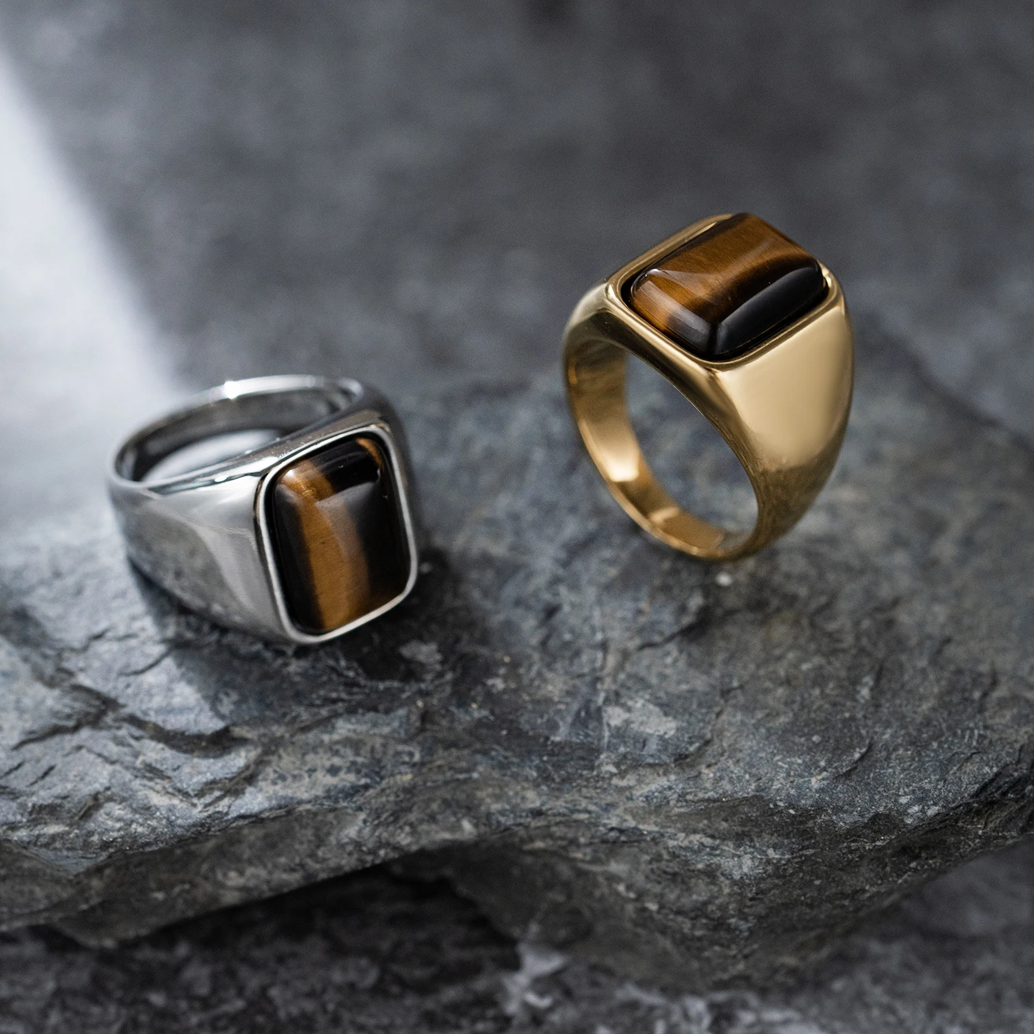 Retro Mode Persönlichkeit Luxuriöser natürlicher Tigerauge Steinring. Lässiger Business-Stil Unisex-Ring. 316L Edelstahl – Detail 1