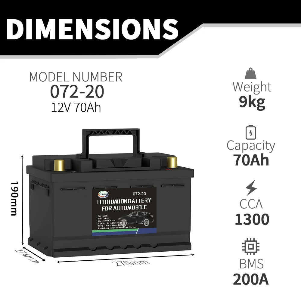 12V 70Ah CCA 1300A LiFePO4 Car Starting Battery Start-stop Maintenance Free Lithium Iron Posphate Rechargeable Portable 072-20