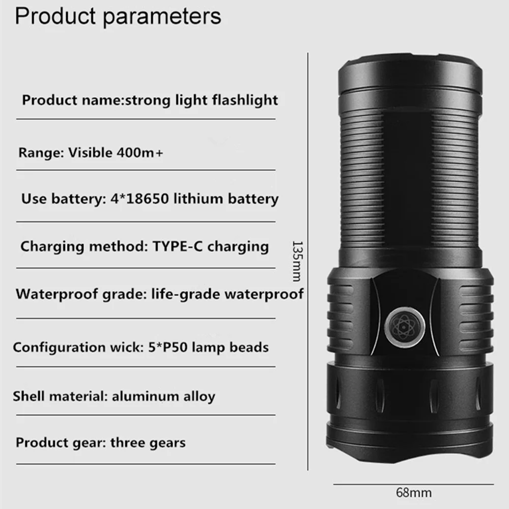 ไฟฉายระดับไฮเอนด์ P90ไฟฉาย LED แบบชาร์จไฟได้ Type-C ชาร์จไฟได้หรูหราจอแสดงผล OLED ในตัว4ชิ้นแบตเตอรี่18650ก้อนสำหรับคอลเลกชัน