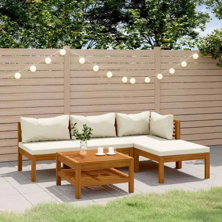 

5 Piece Patio Lounge Set with Cream Cushion Solid Acacia Wood