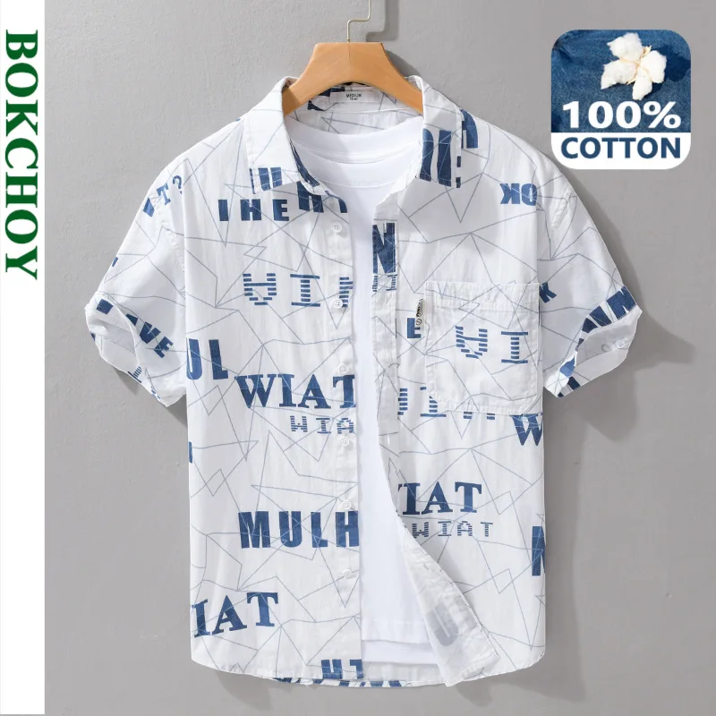 2024 Summer New Pure Cotton Letter Printed Short Sleeve Shirts Men Clothing Casual Simple Thin Soft Streetwear FY543