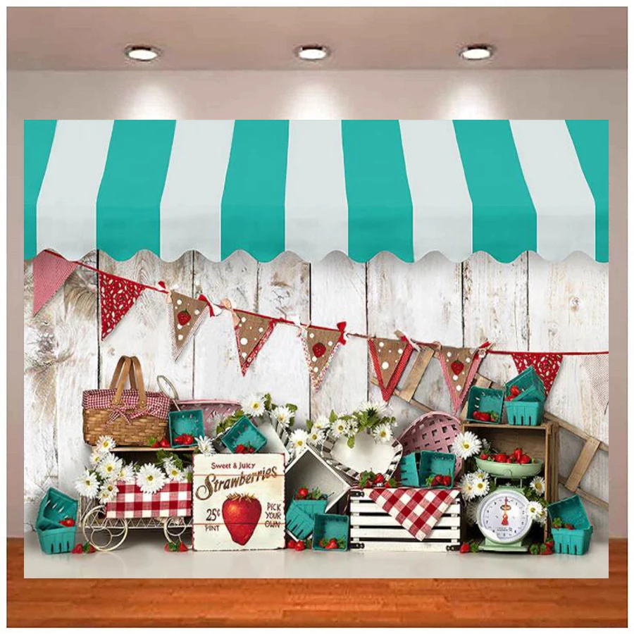 Sweet Strawberry Shop Fruit Photography Backdrop White Wood Board Banner Baby Girl Photo Cake Smash Background Photo Studio