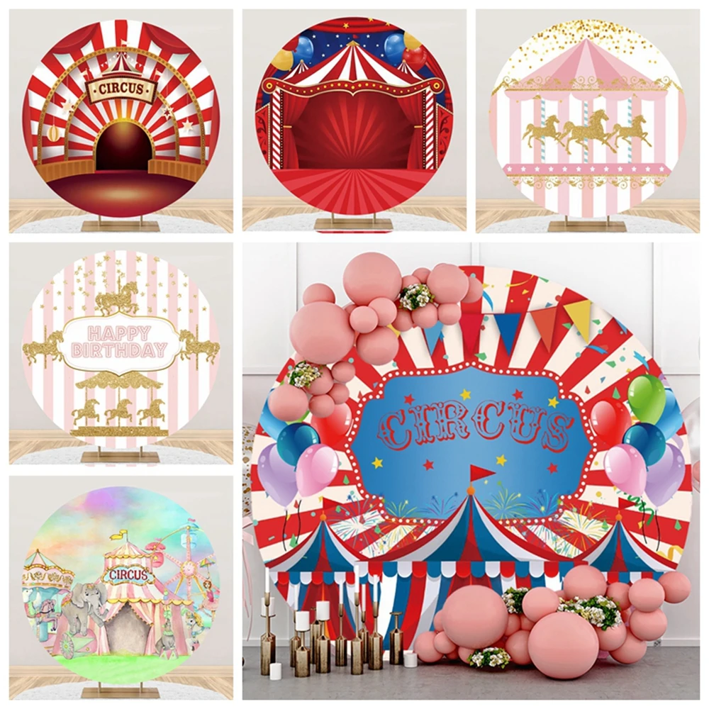 Newborn Baby Shower Circus Theme Carousel Round Photo Background Kids Birthday Decor Circle Polyester Backdrop Photography