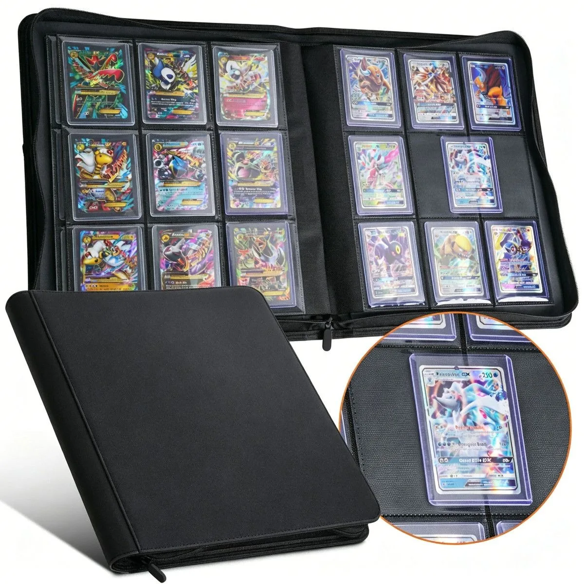 35PT Toploader Zipper Card PU Leather Binder Album 4/9 Grid 160/360 Slots Card Holders for Pokemon PTCG Sports Trading Cards