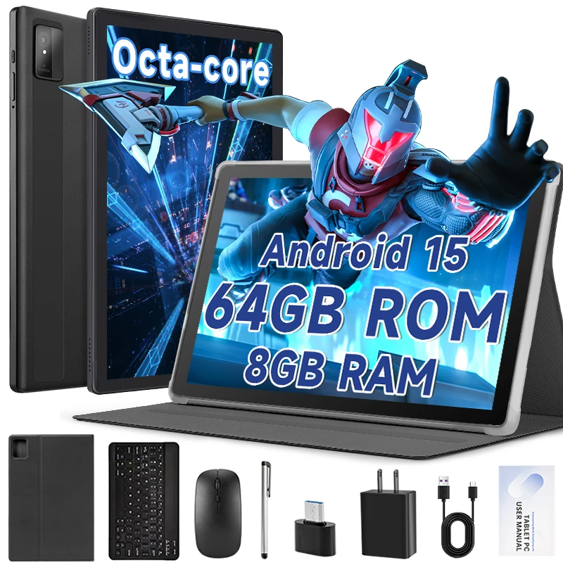Tablet Android 15 com teclado e mouse, 8 GB + 64 GB (expand para 1 TB), tablets Octa-Core de 10,1 "com WiFi 6, câmera dupla, bateria de 5000 mAh