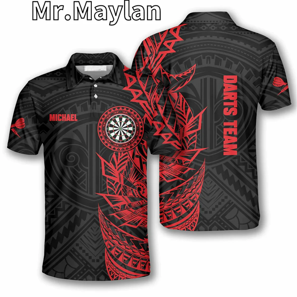 Personalized Name Tribal Tattoo Red Black Darts 3D Full Printed Polo Shirt for Men/Women Dart Tshirt Best Gift for Darts Lovers