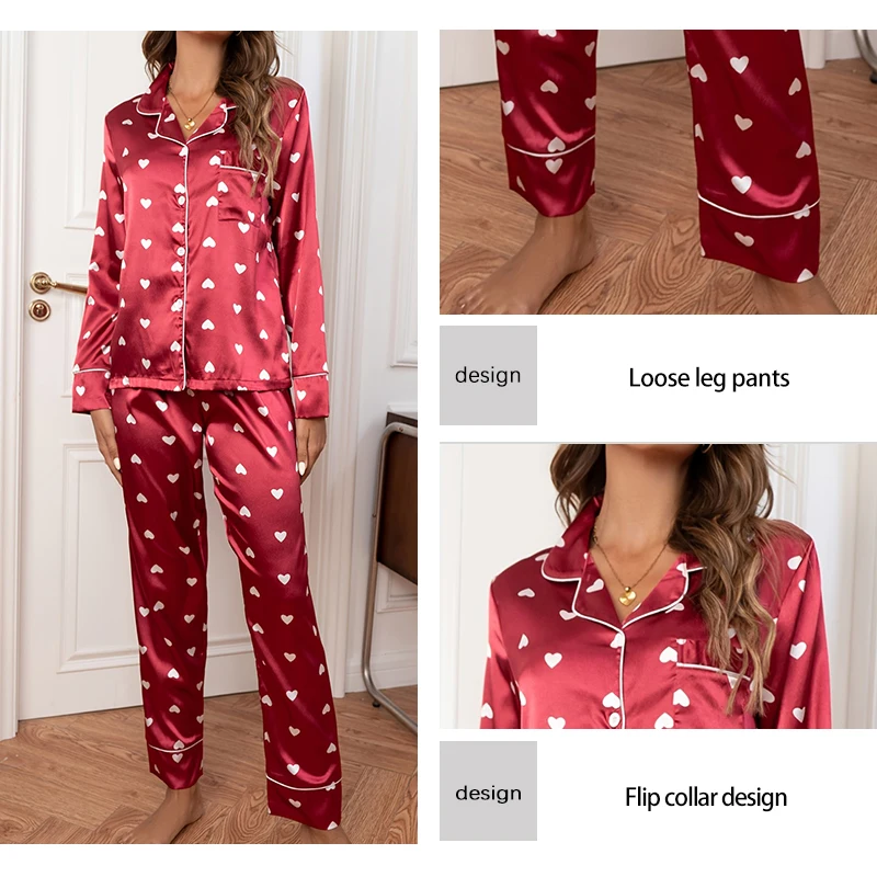 Women\'s Red Printed Love Flip Collar Soft Two Piece Set Long Casual Home Pajama Set Women\'s Red Pajama Set