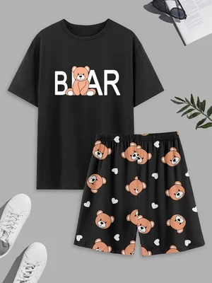 Men's short-sleeved top and shorts pajama set with bear prints, stylish and comfortable summer sleepwear