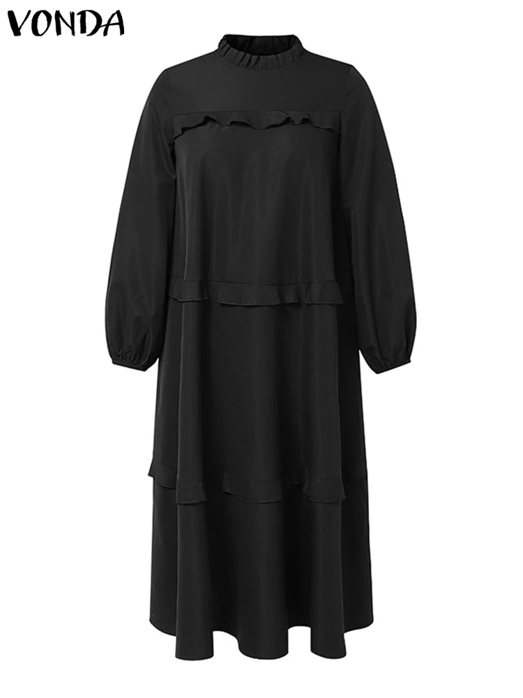 VONDA-Robe mi-longue à volants pour femmes, robe d'été décontractée à manches longues, robe élégante monochromatique, robe de document, col montant, robe éducative, collection 2024