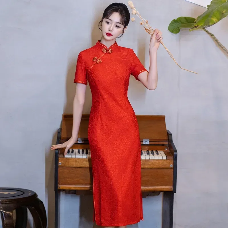 

chinese new year 2025 Folk Dance Wear Stage Performance Improved Cheongsam Elegant and Pretty Women's Red Qipao Dress