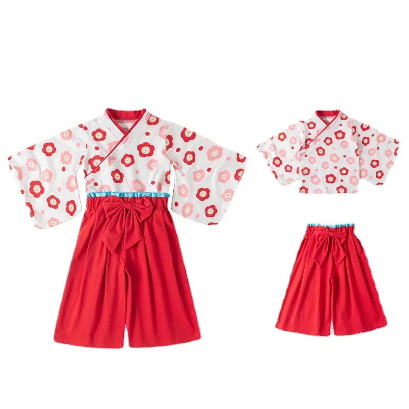 2-7 Years Toddler Girl Outfit Spring Autumn New Baby Girl Clothes Red Flower Print Jacket Japanese Kimono Children Clothing