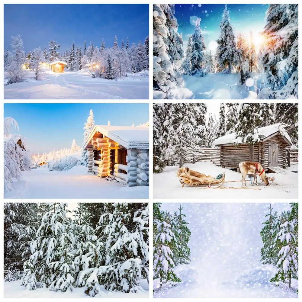 

MOON.QG Natural Winter Photography Backdrop Christmas Village New Year Holiday Studio Background Snow Forest Trees Photo Booth