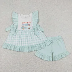 Wholesale Infant Popsicle Outfit Children Summer Short Sleeves Plaid Tunic Tops Toddler Kids Ruffle Cotton Shorts Baby Girl Set