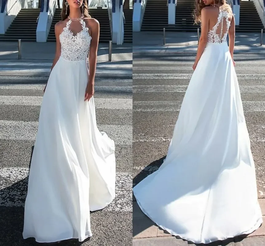 Robe de mariée de plage blanche personnalisée, Sexy, col roulé perlé en cristal, décalcomanie transparente, ligne a, col licou, robe de soirée de mariée bohème d'été