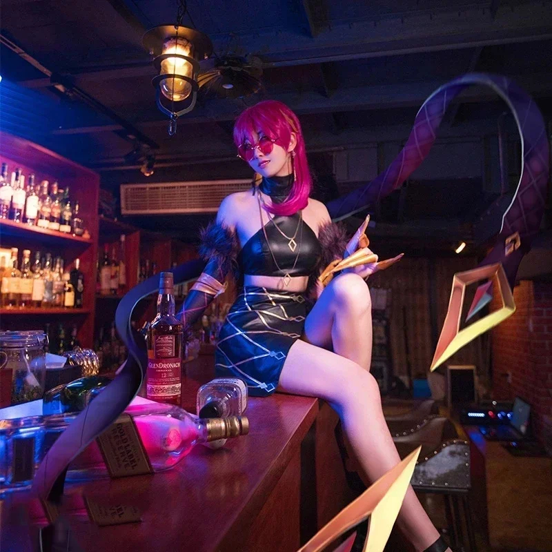 CosplayGame KDA ALL OUT Evelynn Cosplay Costume Vest Skirts KDA Women Sexy Outfits Roleplay Long Wig Halloween Customized Boots